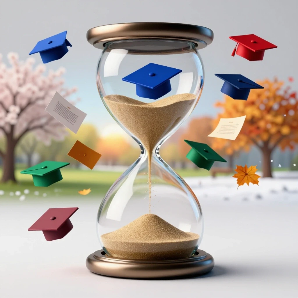 Central hourglass with sand turning into graduation caps and acceptance letters, set against bright seasonal landscapes
