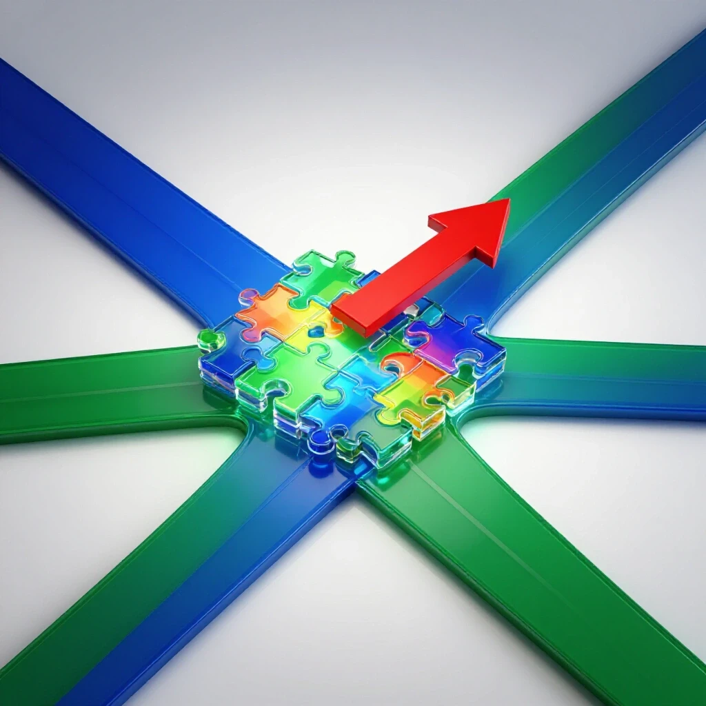 Glossy crossroads with vibrant puzzle pieces and an arrow, symbolizing career decisions and growth strategies.