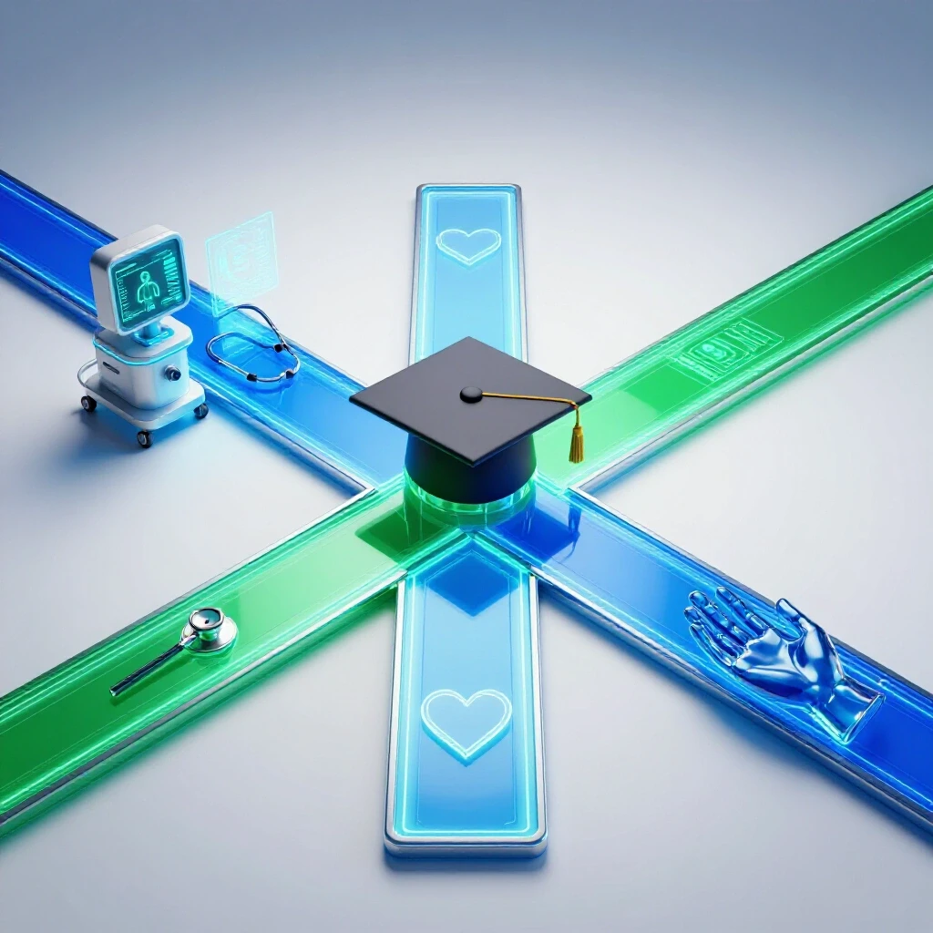 A crossroads with a graduation cap at the center, glowing paths leading to healthcare technology and patient care symbols.