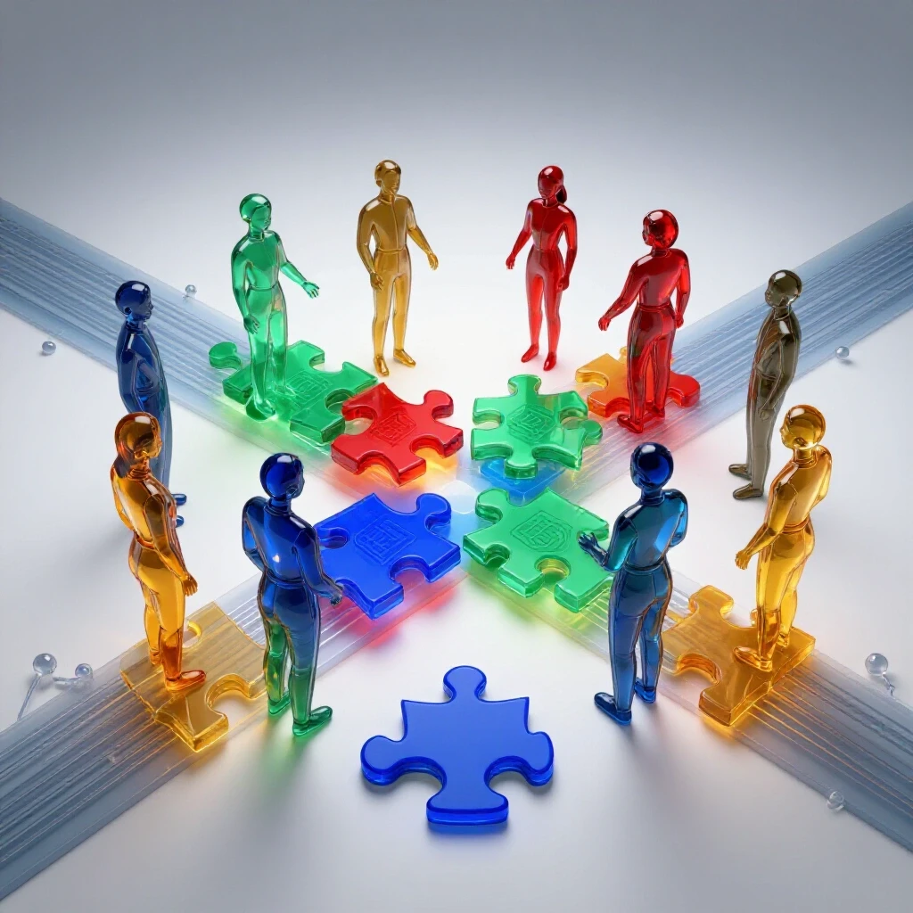 Colorful puzzle pieces symbolizing language exchanged at a digital crossroads with networked backdrop.