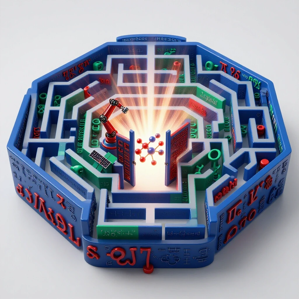 A glowing doorway opens within a maze of vibrant mathematical symbols, revealing varied career icons beyond.