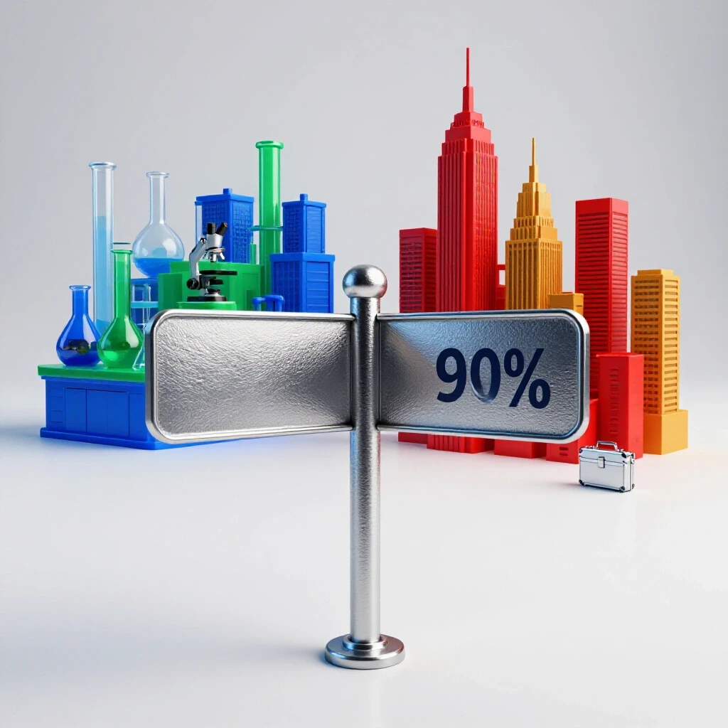 A symbolic crossroads with a metallic signpost dividing vibrant laboratory equipment and a modern corporate skyline.