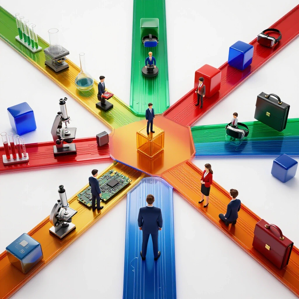 Futuristic crossroads with science, tech, and business symbols branching into bright, innovative paths