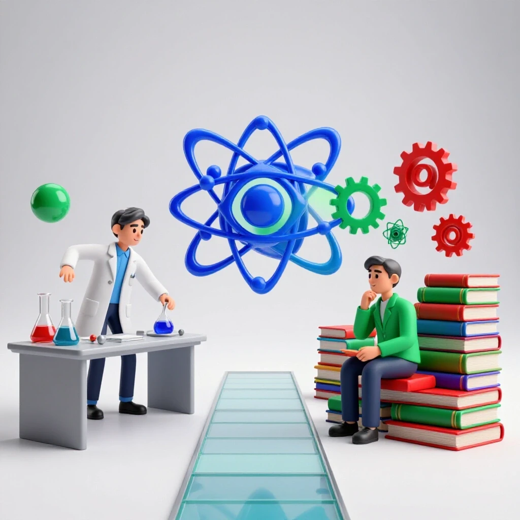 Split scene showing a lab coat figure with tools on one side and a person with science books and symbols on the other, linked by a glass bridge.