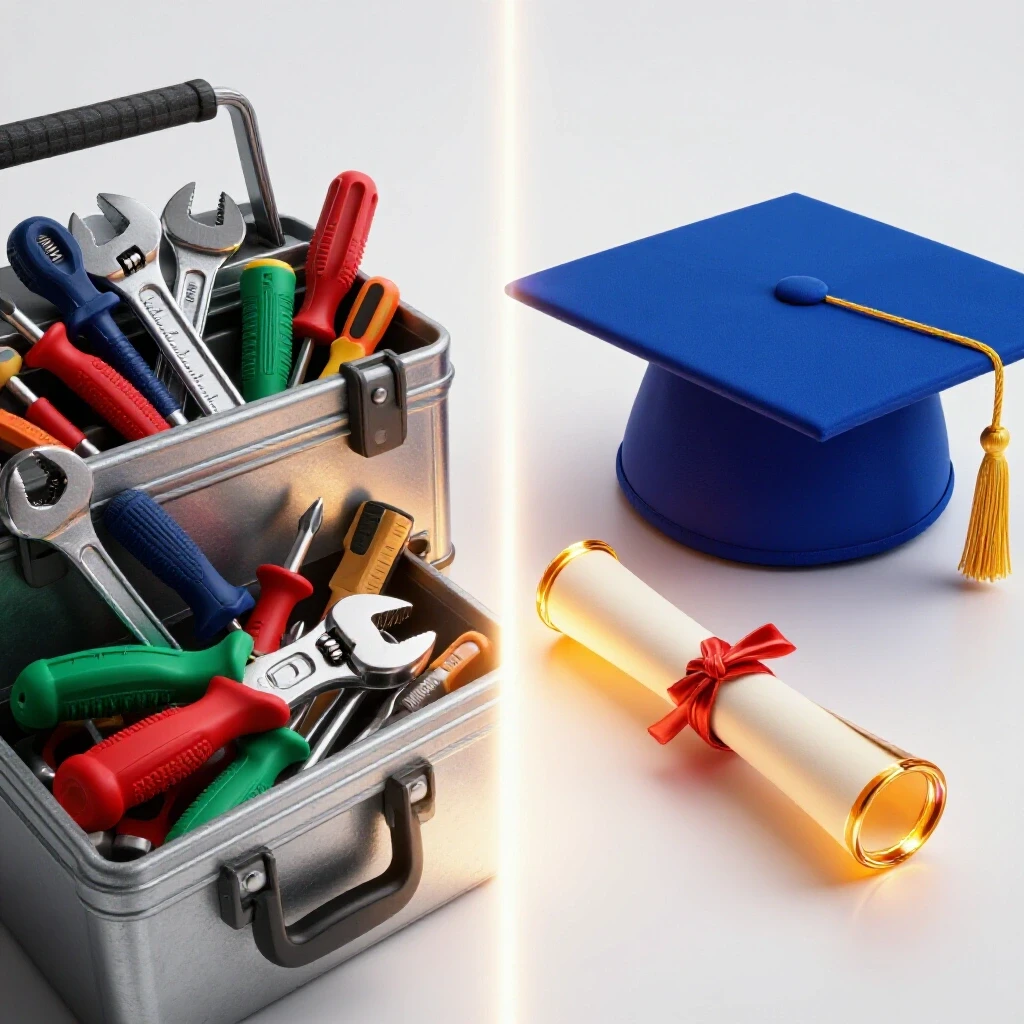 Split scene showing a vibrant toolbox filled with tools on one side, and a graduation cap with diploma on the other, divided by a glowing path.