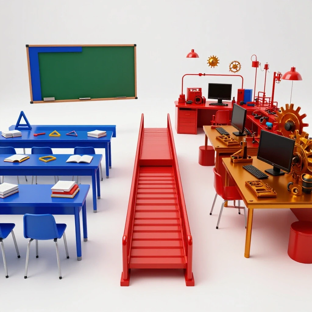 A classroom transitions into a vibrant workshop, connected by a bold bridge symbolizing apprenticeship growth.