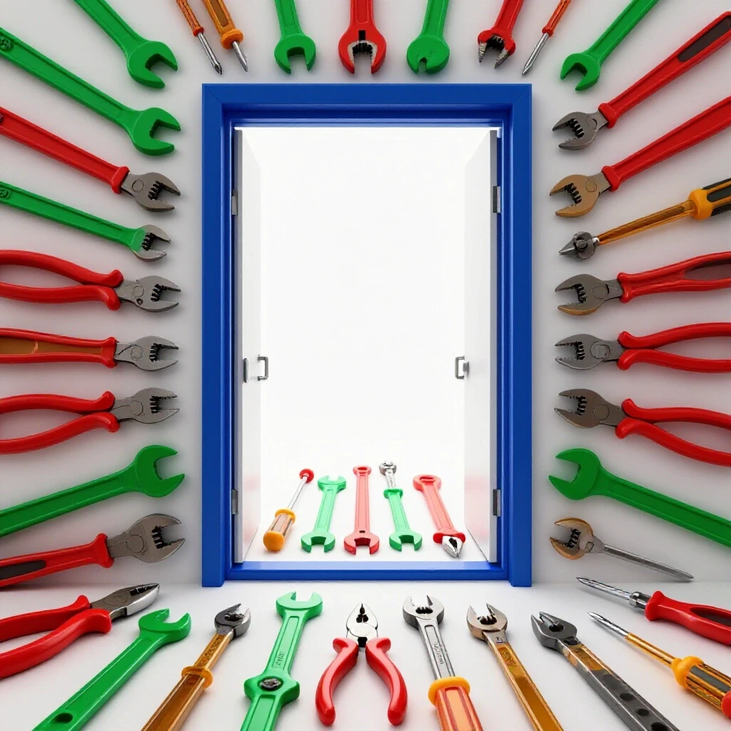 Bright workshop doorway with a glowing path of colorful tools symbolizing apprenticeship opportunities.