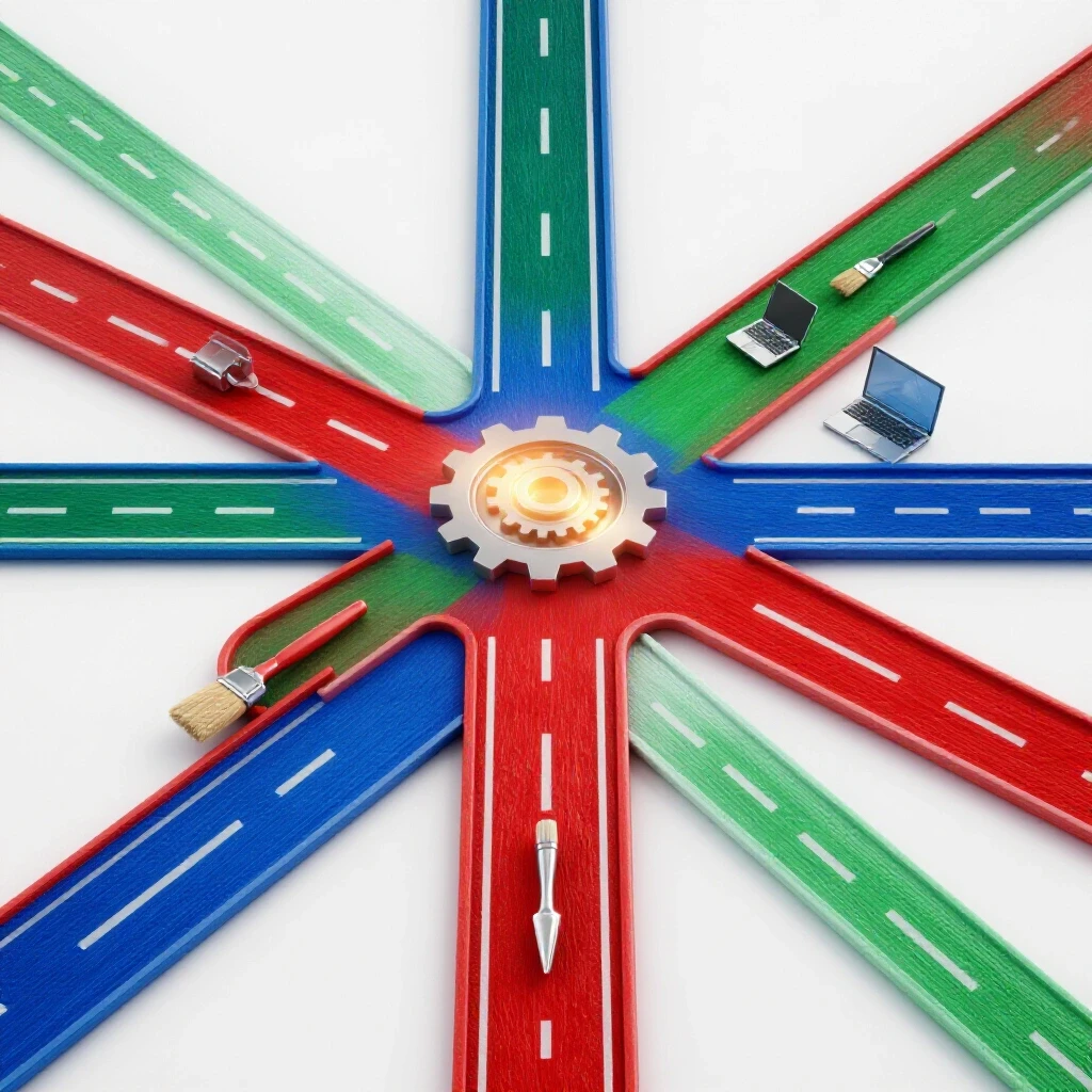 Colorful, glossy crossroads with three career symbol objects and one glowing path amid a bright white background.