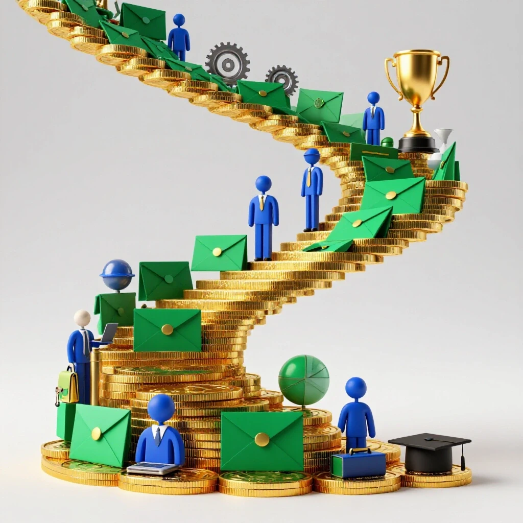 Glossy coins and green salary envelopes form a staircase upward with career symbols at each step, highlighting progression.