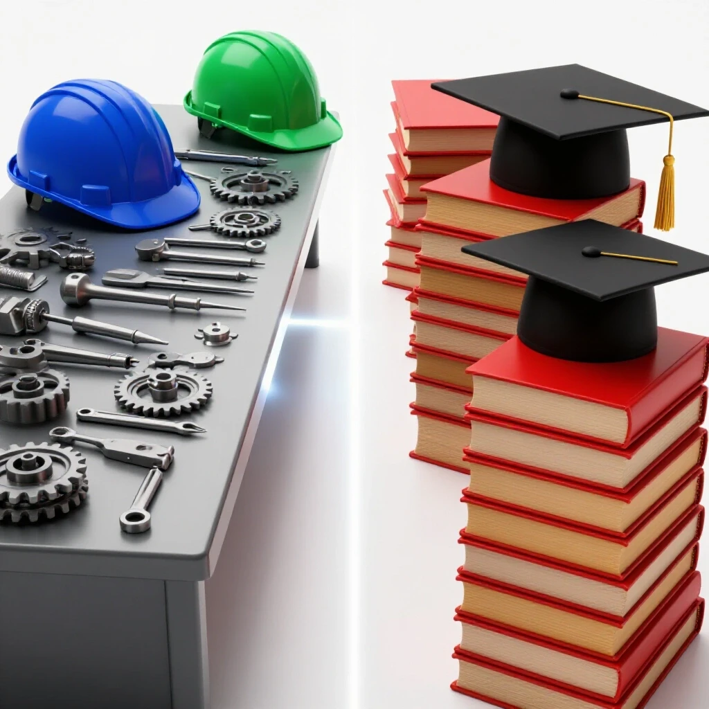 Split scene with tools and machine parts on one side and books with a graduation cap on the other, joined by a central pathway.