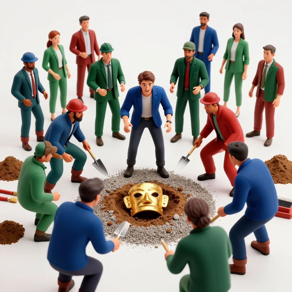Group of archeologists at a sunlit dig site with a casually dressed figure uncovering an ancient artifact.