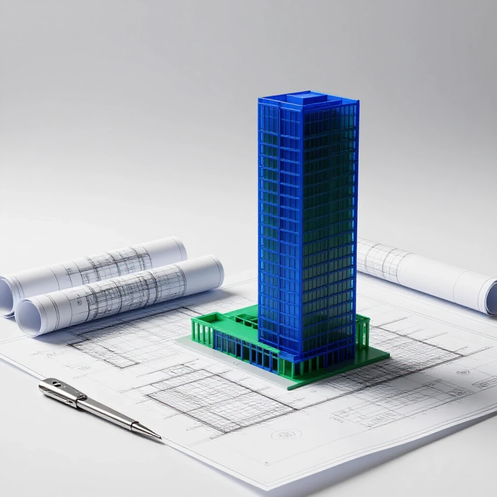 Split scene featuring blueprints and drafting tools on one side, and a creative building under construction on the other, on a bright background.