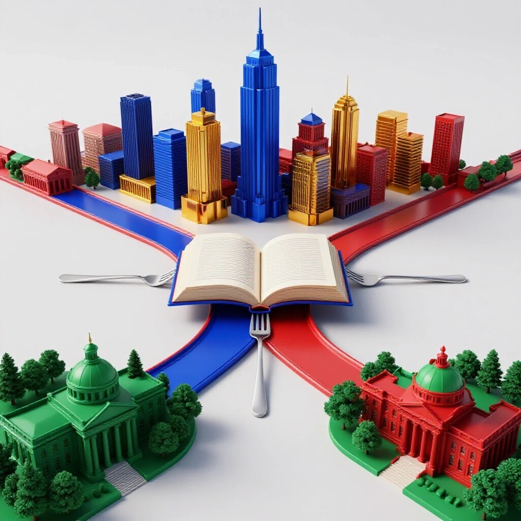Vivid crossroads scene with a central open book at the fork, leading to a bright city and an academic campus.
