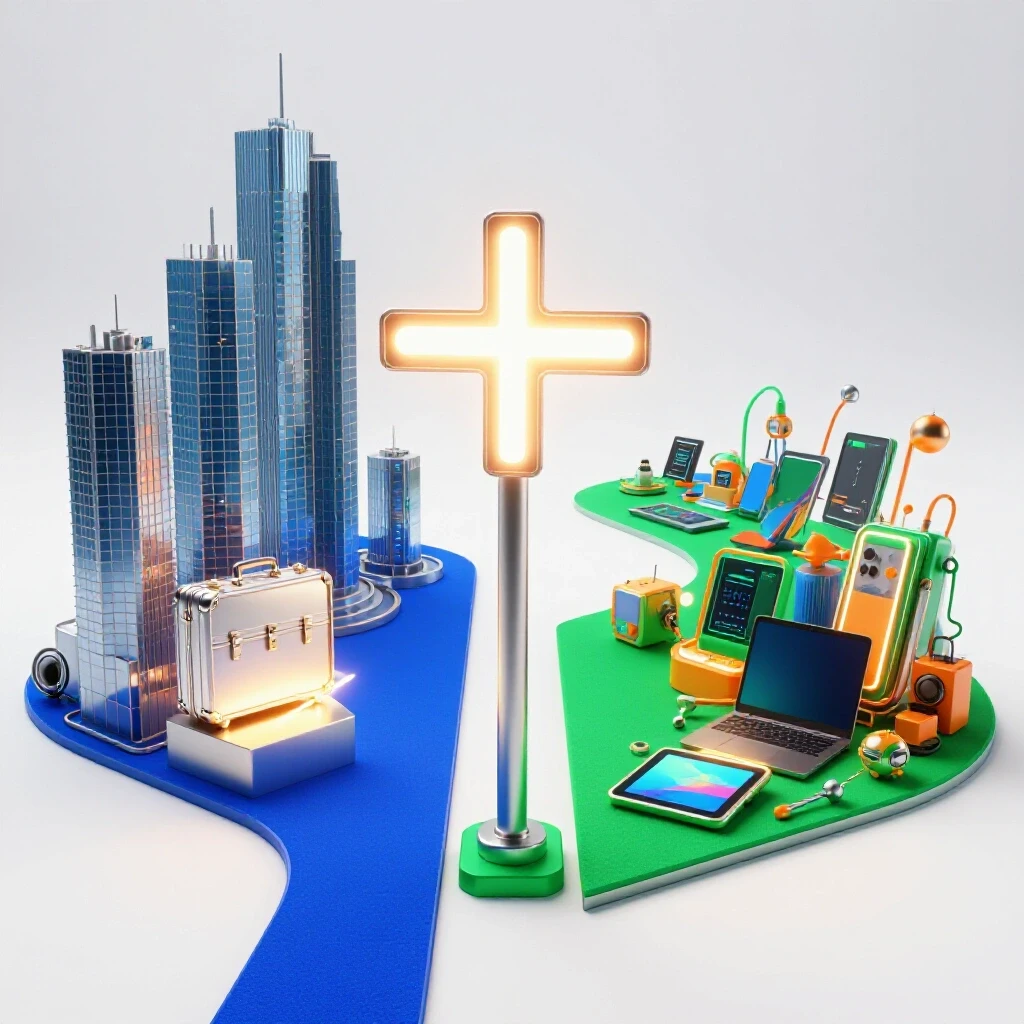 A crossroads signpost showing one path to a glowing briefcase near city towers and another to vibrant tech and creative tools on bright white background.