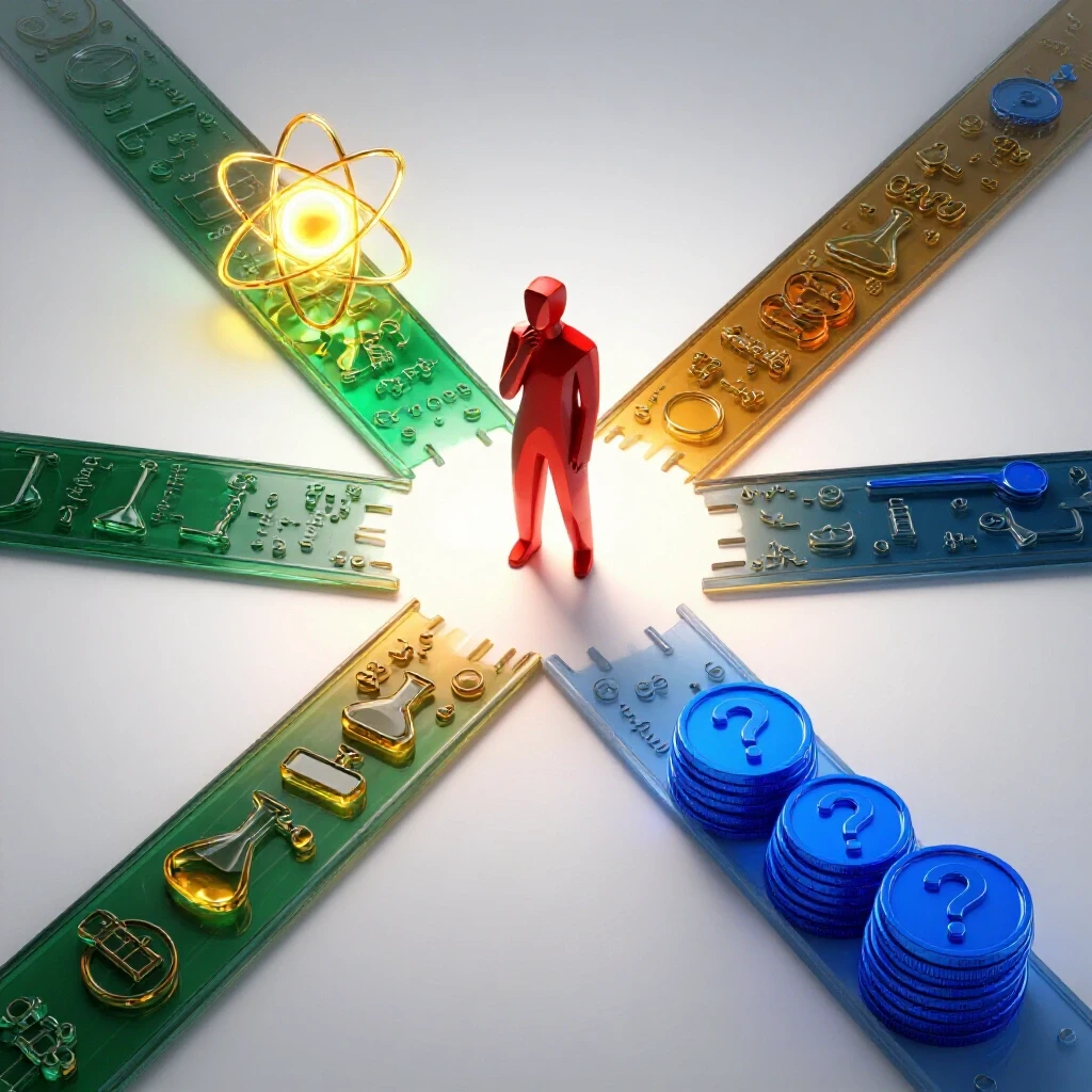 A crossroads scene showing a glowing atom and scientific symbols on one path, and question-mark coins on the other, with a geometric figure at the intersection.