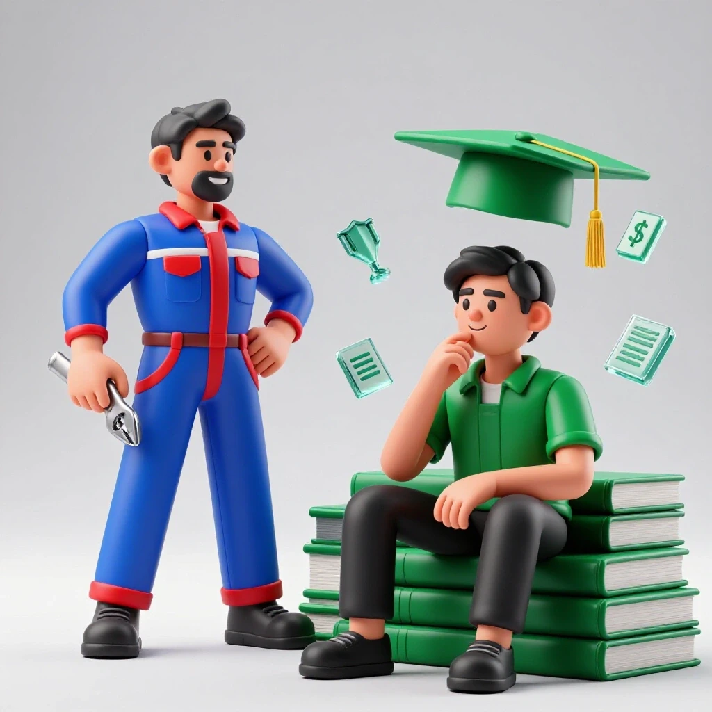 Contrasting scene with vocational tools and academic symbols highlighting choices in career education.