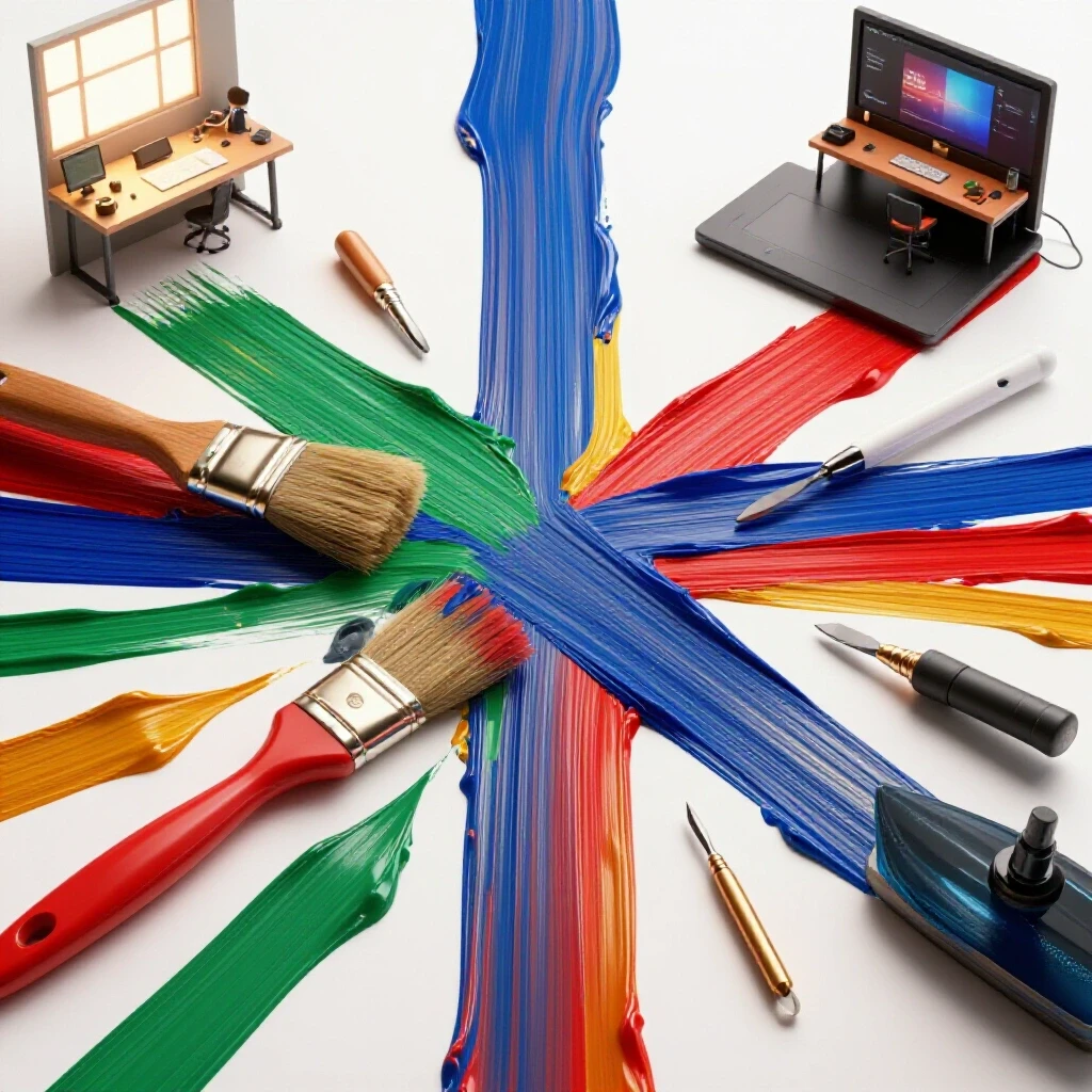Vibrant paint strokes and creative tools converging at a crossroads, leading to diverse art career paths on a bright background.