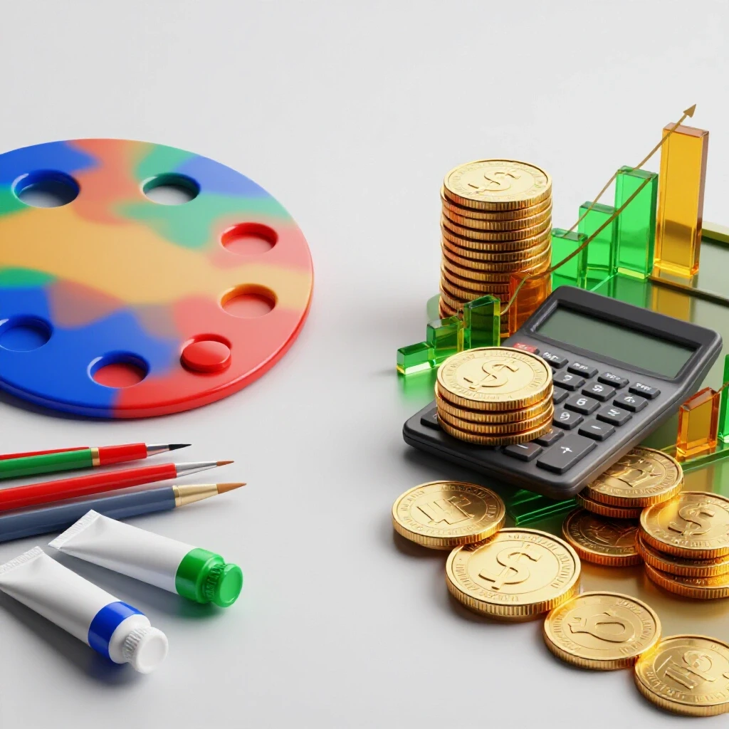Split scene with vibrant art tools beside glossy currency, calculator, and glass-like financial graphs.