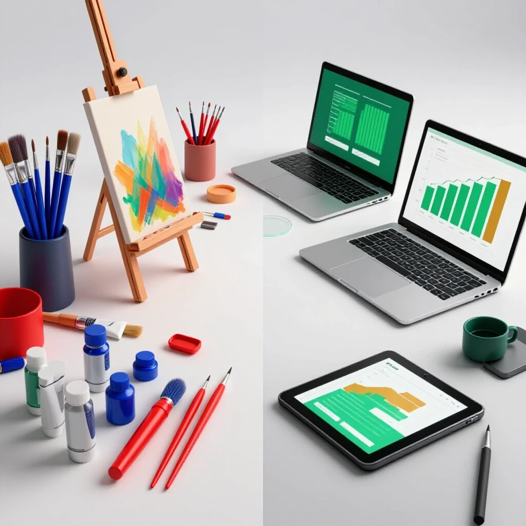 Split scene showing a colorful artist studio on one side and a modern digital office workspace on the other.
