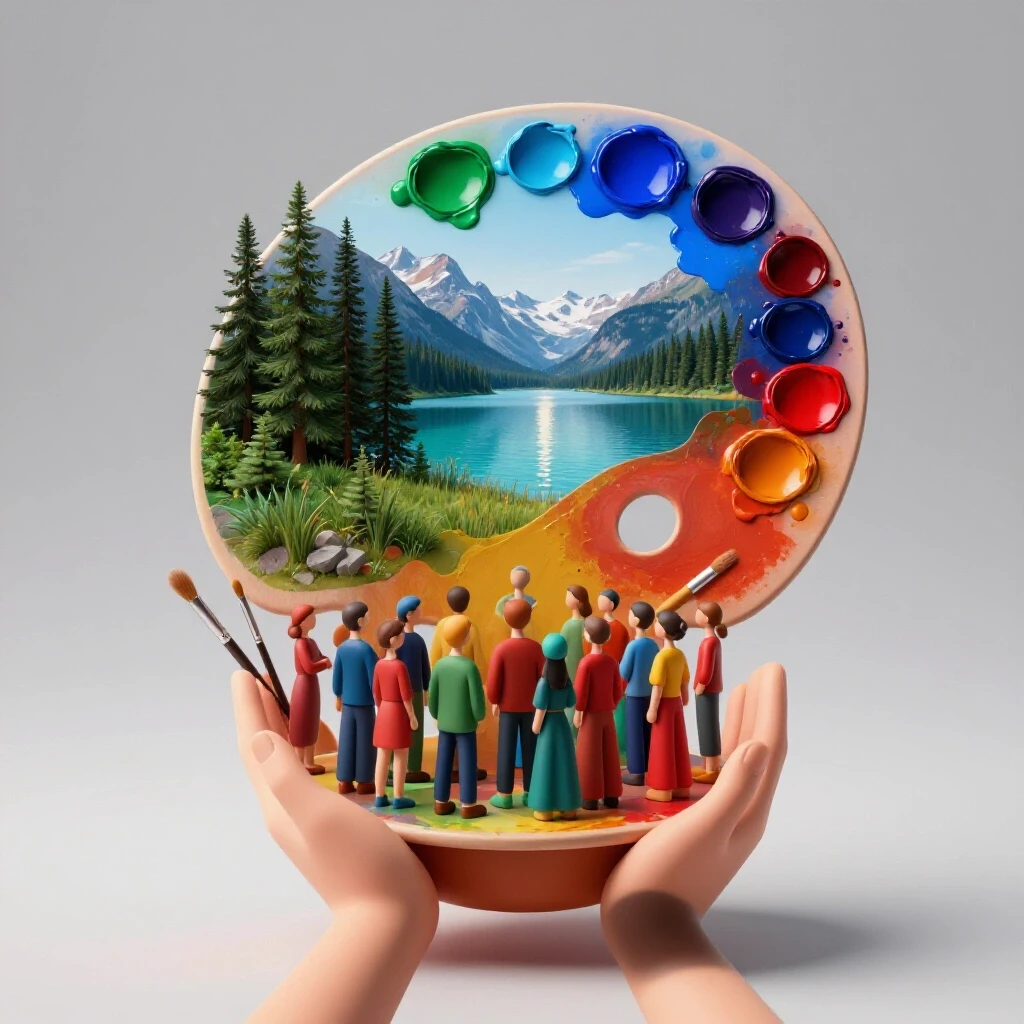 Vivid central palette and art tools blending with a Canadian landscape and caring hands supporting diverse figures.