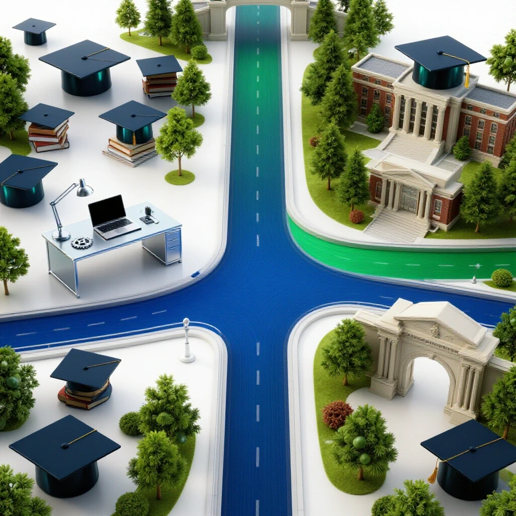 A split crossroads with bold blue and green paths; one leads to a modern workspace, the other to an academic campus.