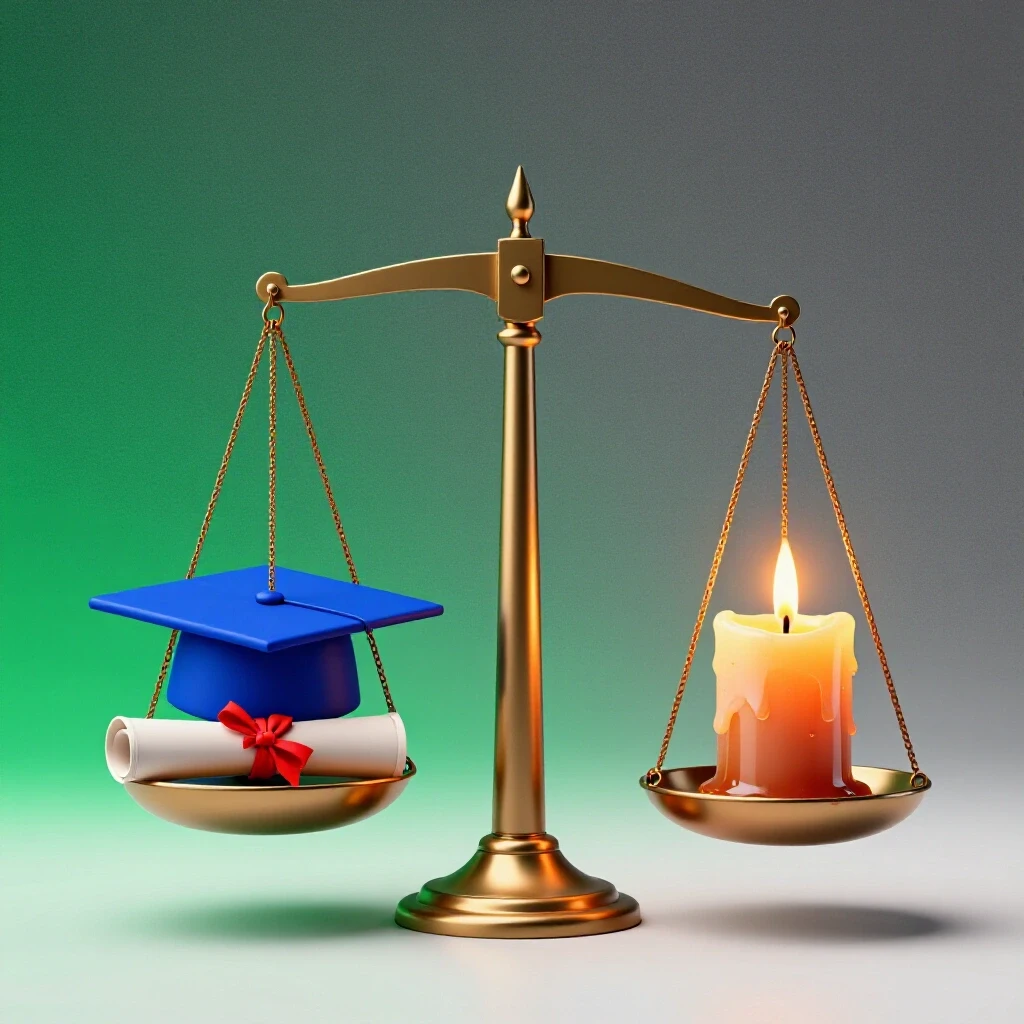 Balancing scale with graduation cap and diploma on one side, flickering candle burning at both ends on the other, set against a background transitioning from vibrant to muted tones to illustrate the contrast between degree achievement and burnout.