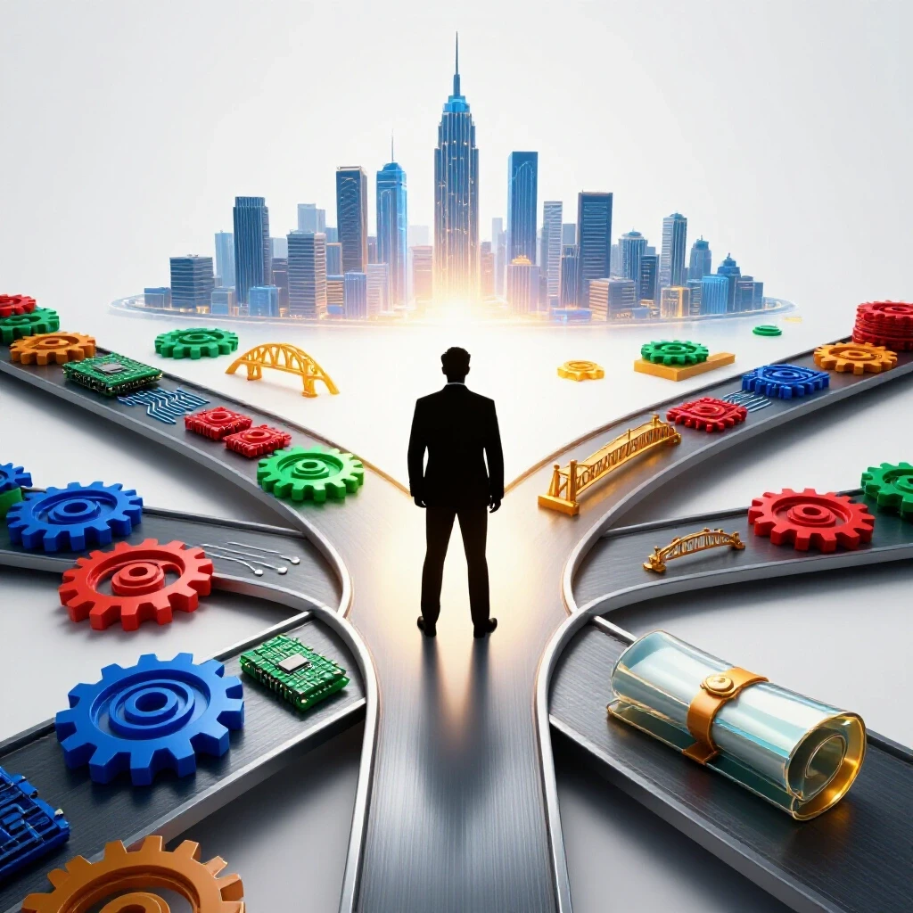 A confident figure at a crossroads with engineering symbols and illuminated path leading to a futuristic city skyline.