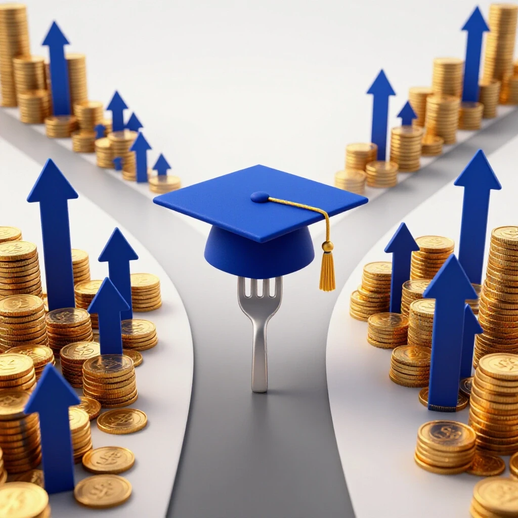 A graduation cap at a crossroads with one path leading to a stack of coins and rising arrows, another fading away.
