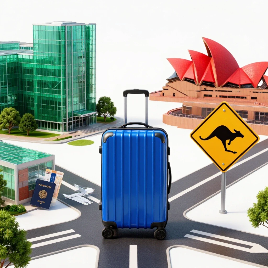 A glossy royal blue suitcase at a crossroads between a modern university campus and Australian landmarks, with travel items set on a bright white background.