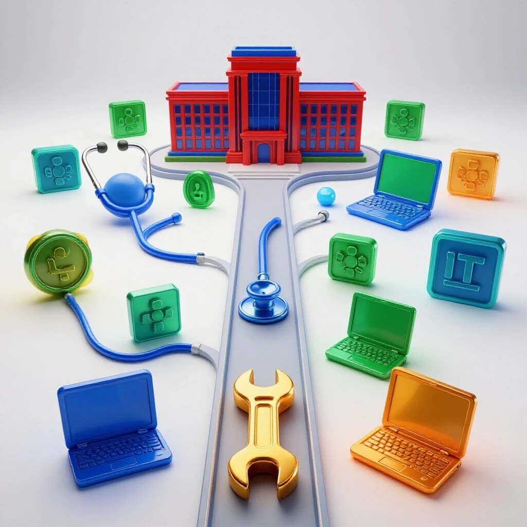 A bright, modern scene with a split path; one side shows career symbols, the other an academic building.