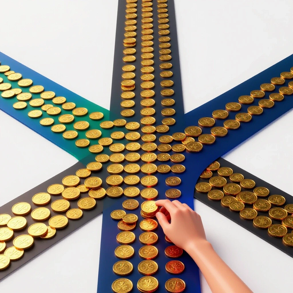 A crossroads with one path paved in gold coins and another shadowed, showing hidden hands grasping for coins, symbolizing visible vs. hidden costs.