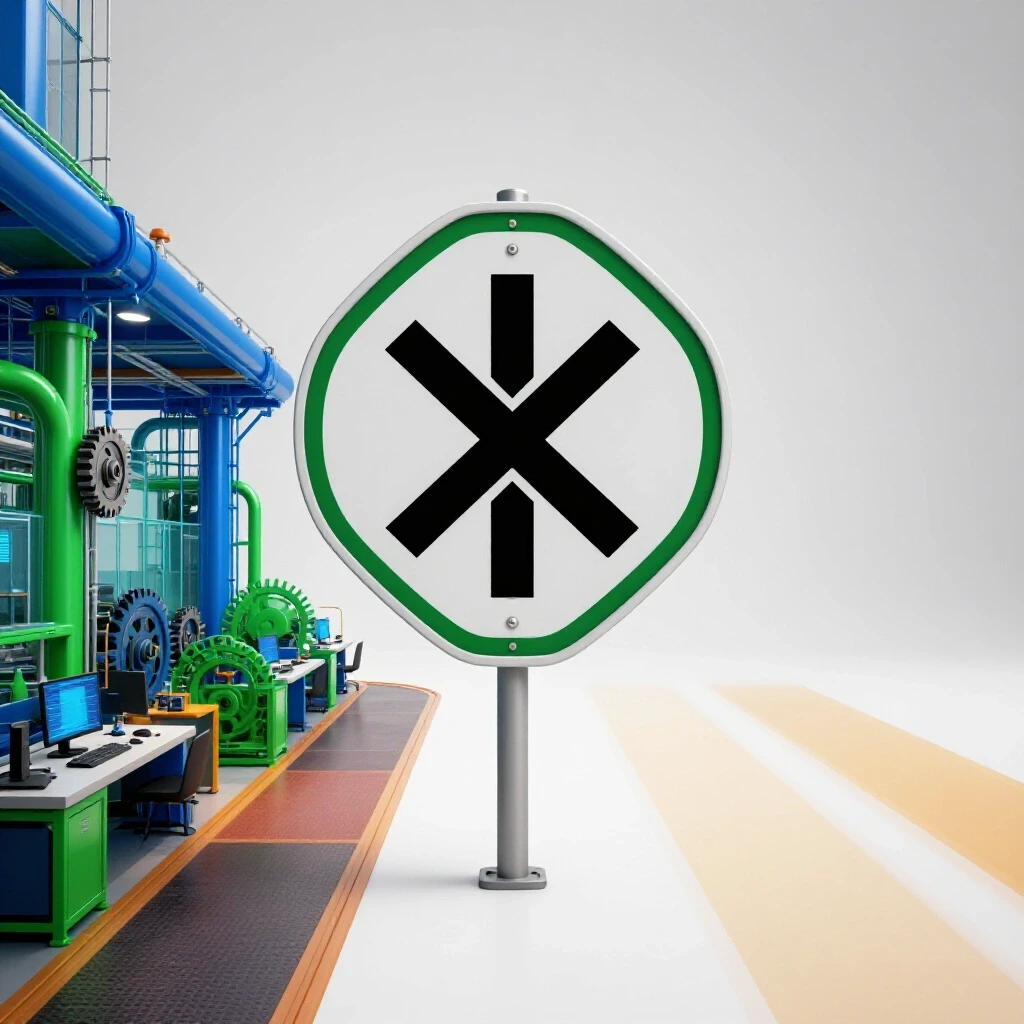 Split scene with a crossroads sign centered, one path leading to a vibrant engineering workspace with colorful machinery, the other fading into uncertainty on a bright white background.