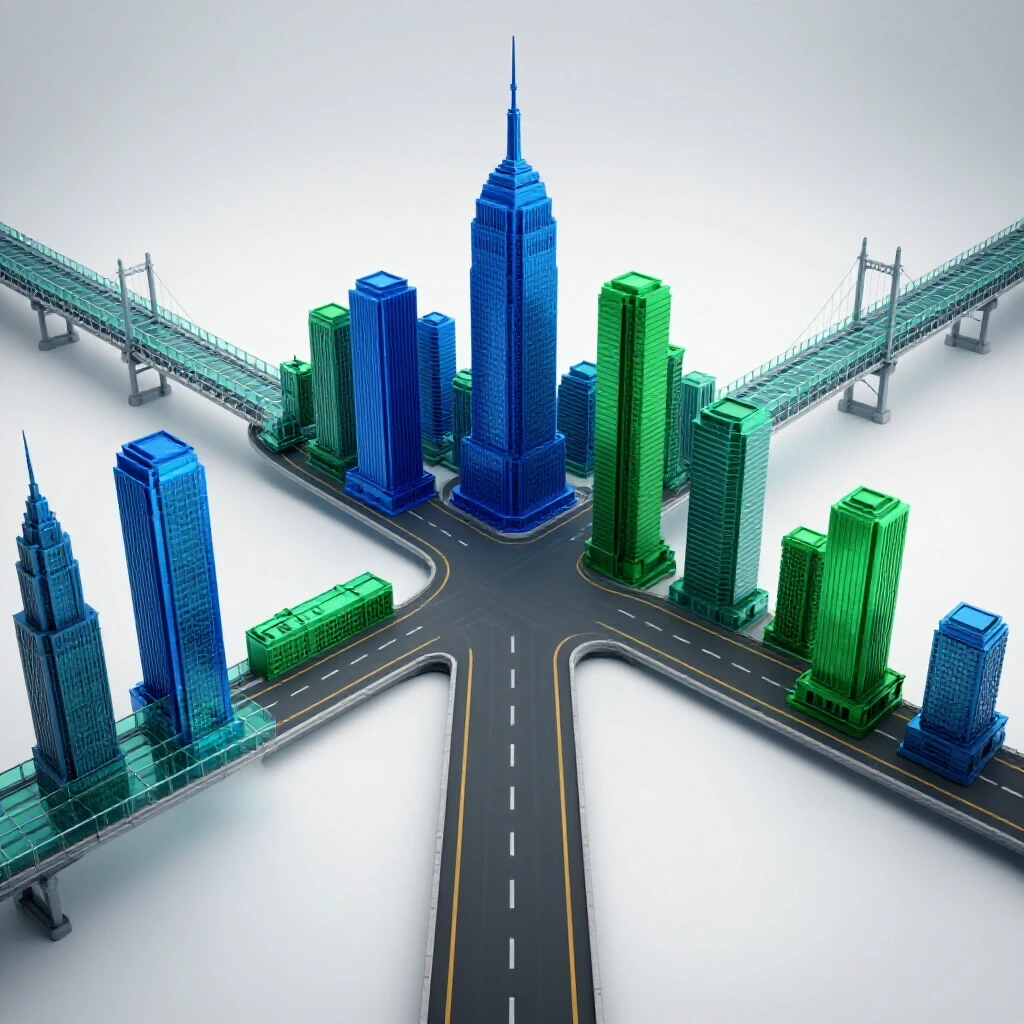 A vibrant crossroads with a high-tech city and an unfinished bridge symbolizing engineering career choices