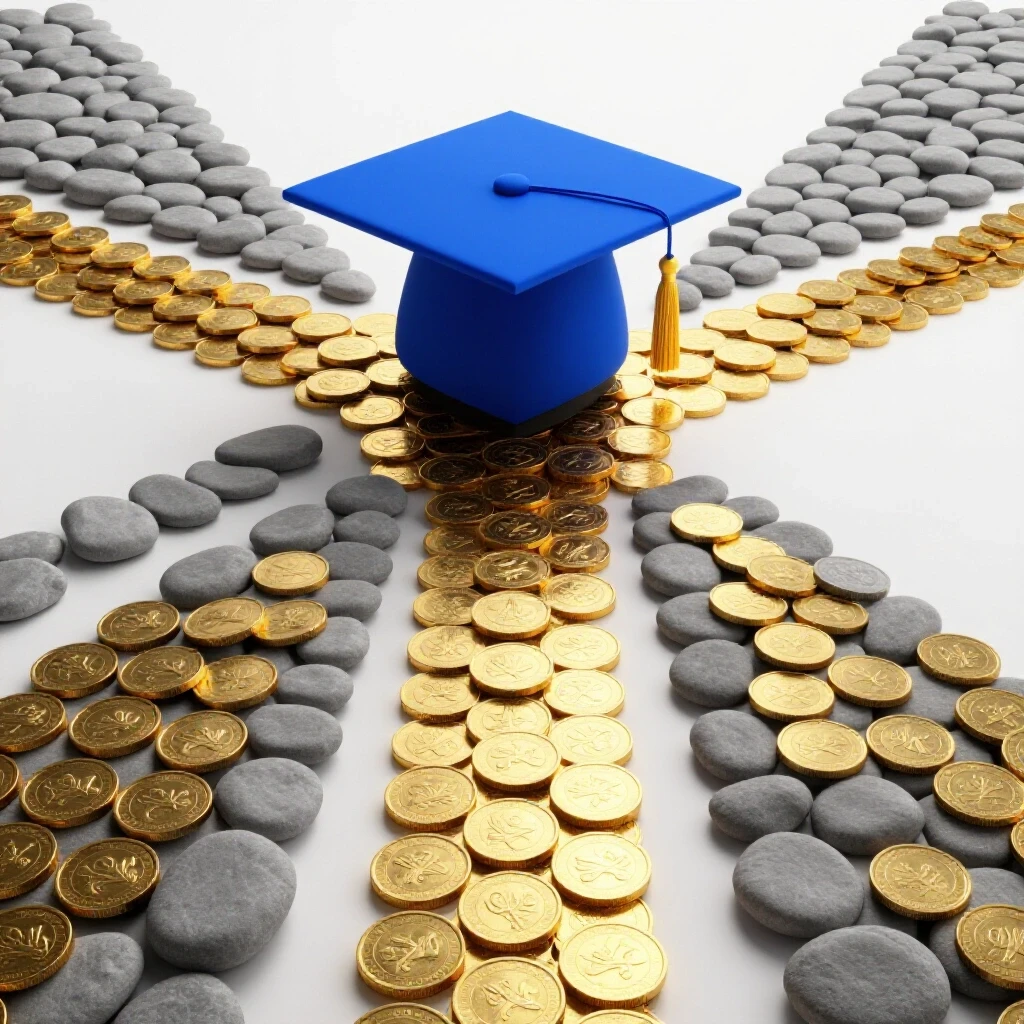 A glossy blue graduation cap at the center of a crossroads, one path paved with gold coins and another with gray stones, in a bright white studio setting.