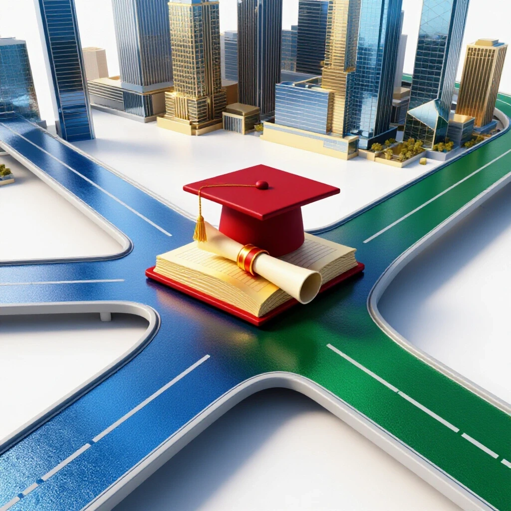 Vivid crossroads with diploma and academic cap, two paths leading toward a bright modern city skyline.