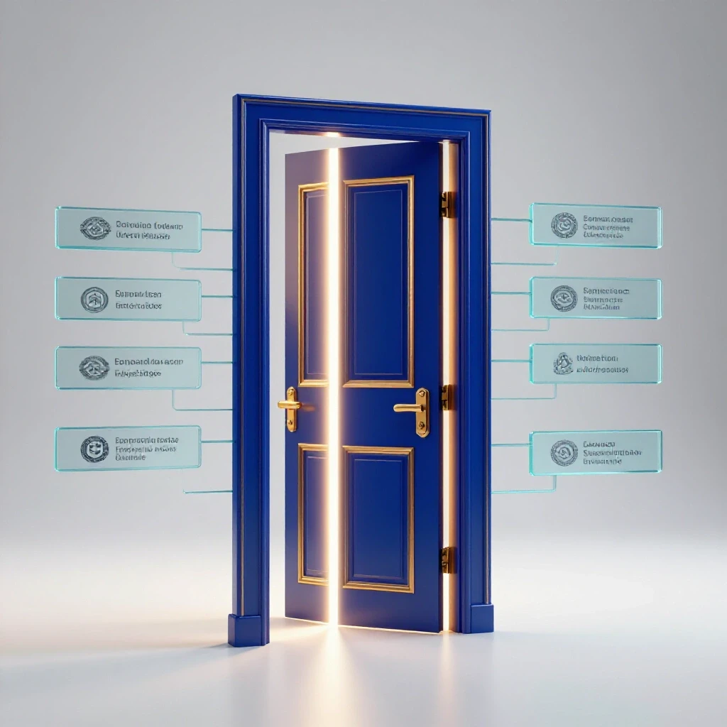Large glowing door with deep blue and amber finishes, branching glass pathways behind, in a bright studio.