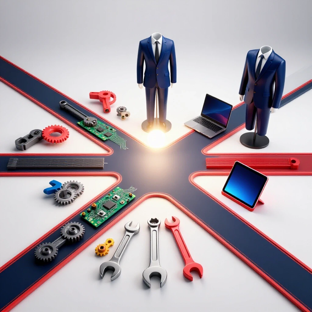 Dynamic crossroads with technical tools on one side and business devices with suit on the other, spotlight at center