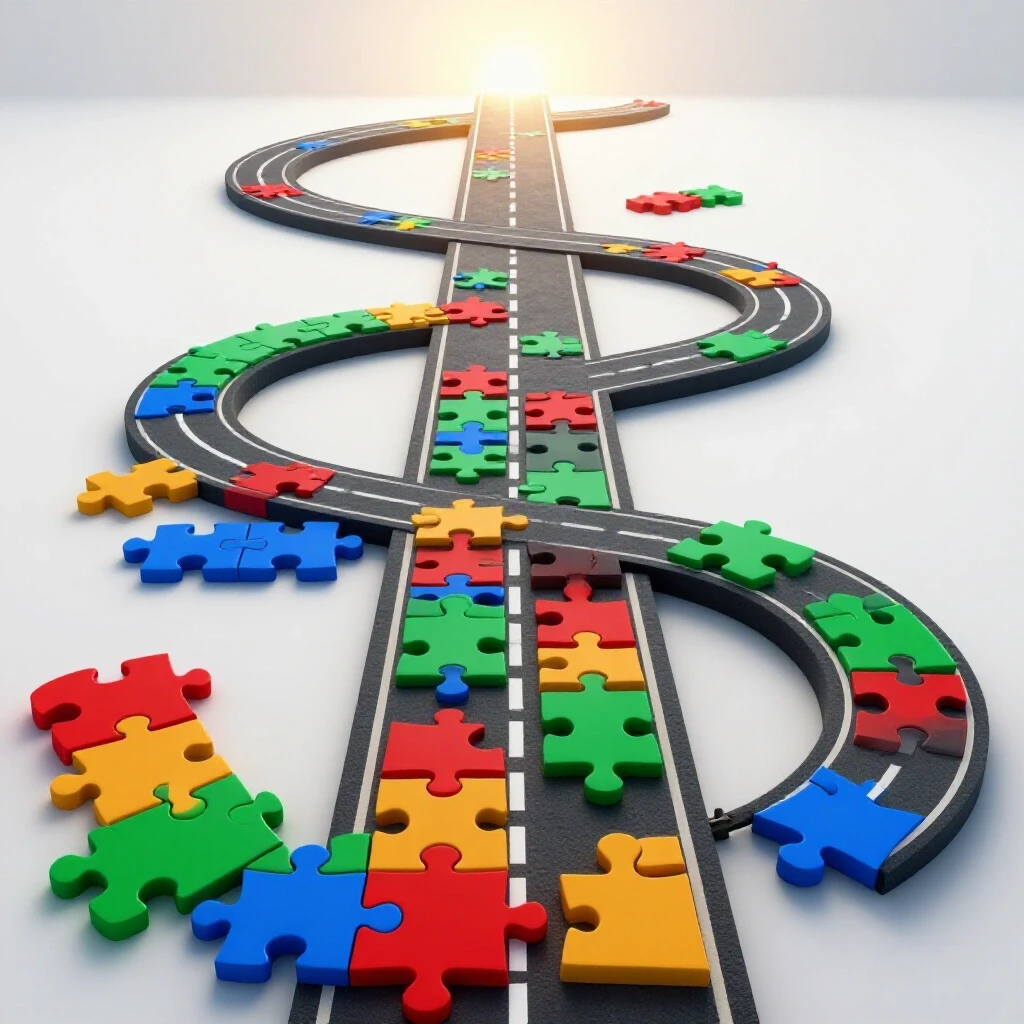 Winding road of colorful interlocking puzzle pieces with diverging paths leading to a bright horizon