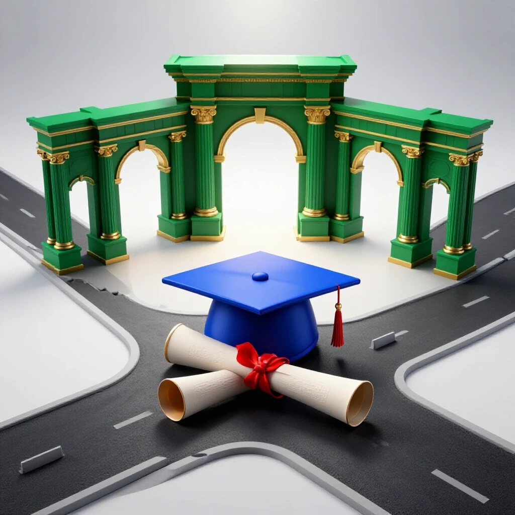 Two diverging pathways, one with a graduation cap and diploma, the other with a bright university entrance, highlighting key education choices.