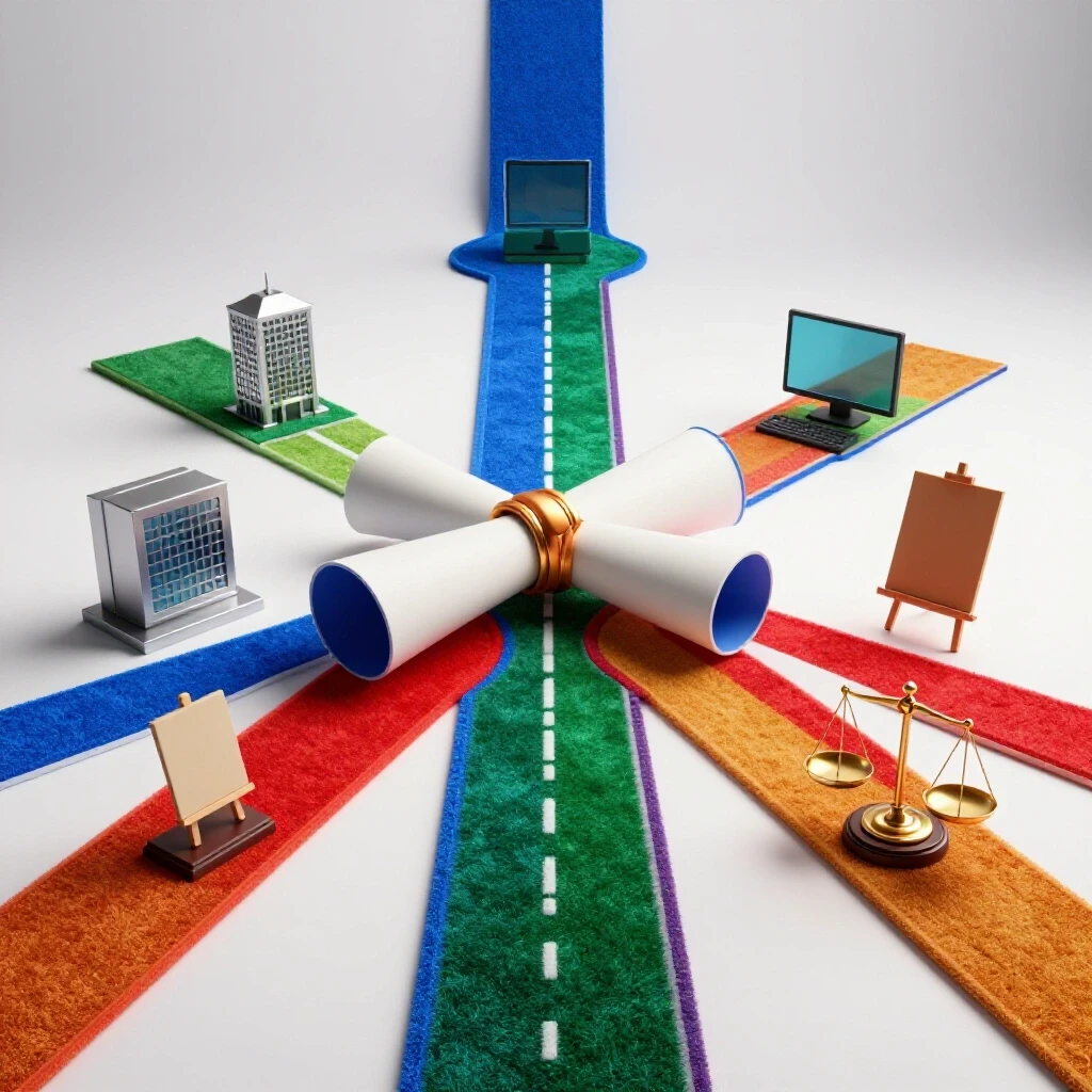 Vibrant diploma at the center with multicolored paths branching to unique career symbols on a bright background.