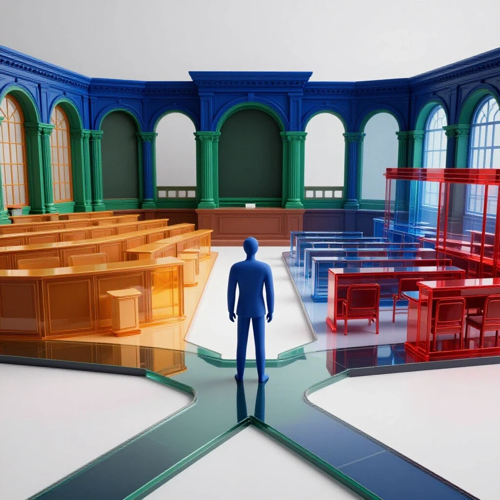 Abstract figure stands at crossroads between traditional lecture hall and futuristic digital classroom, paths vividly lit.