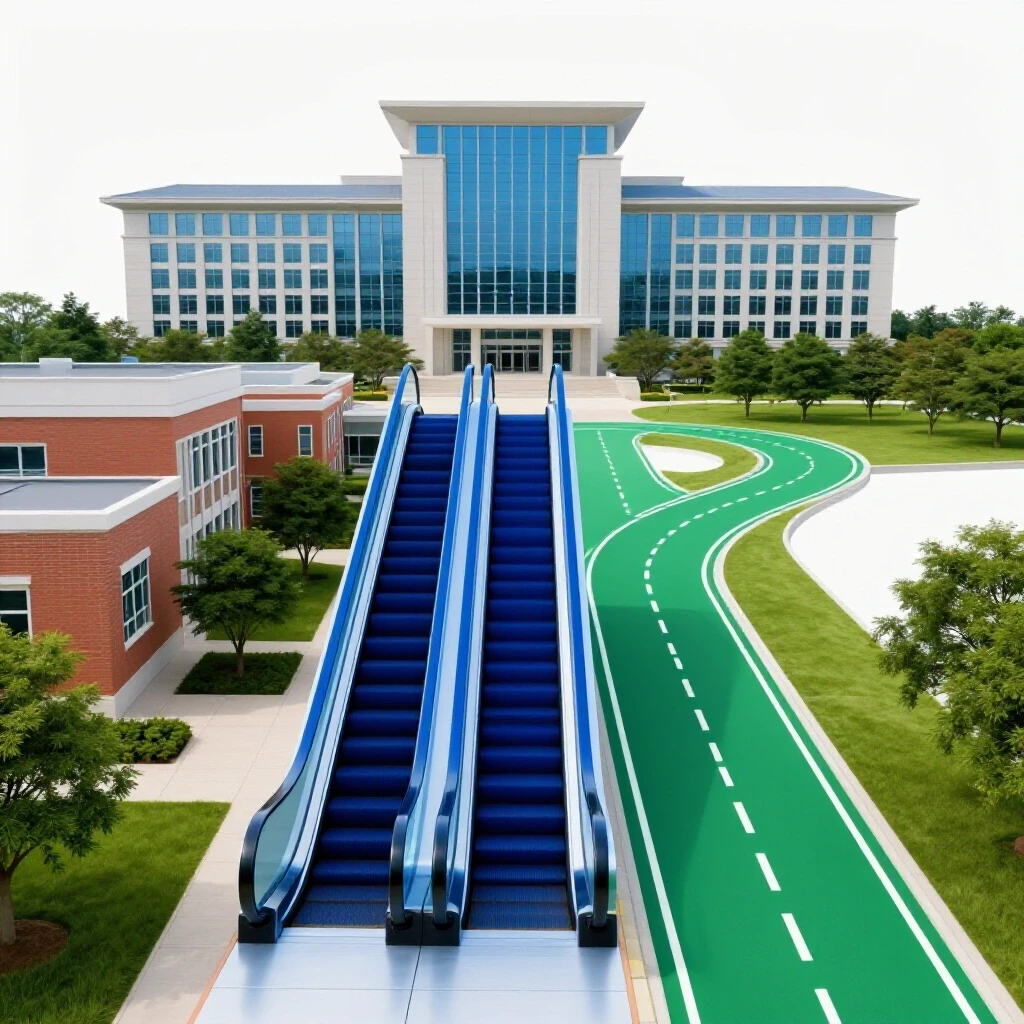Split pathway with sleek blue escalator connecting a college to a university, beside a winding green road.