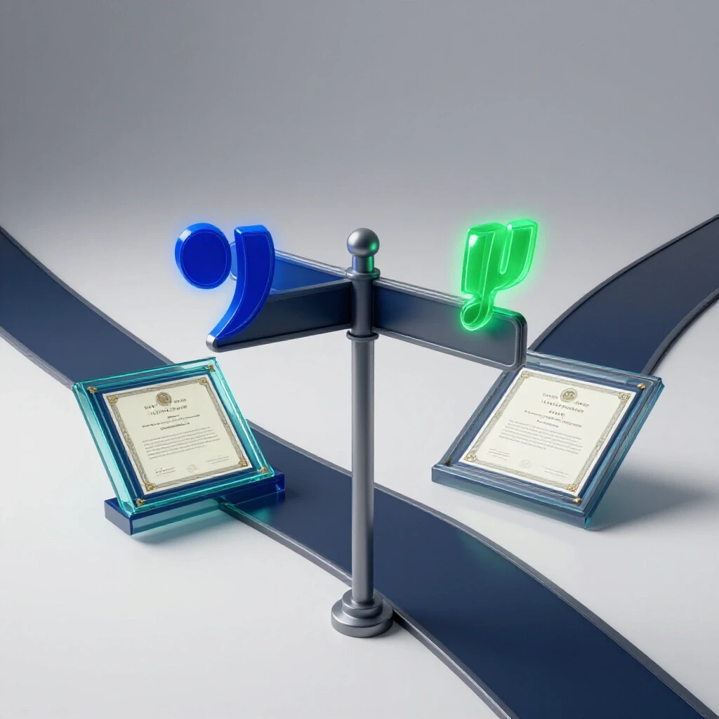 Crossroads signpost with two vivid pathways leading to glowing degree certificates, one with and one without an apostrophe symbol.