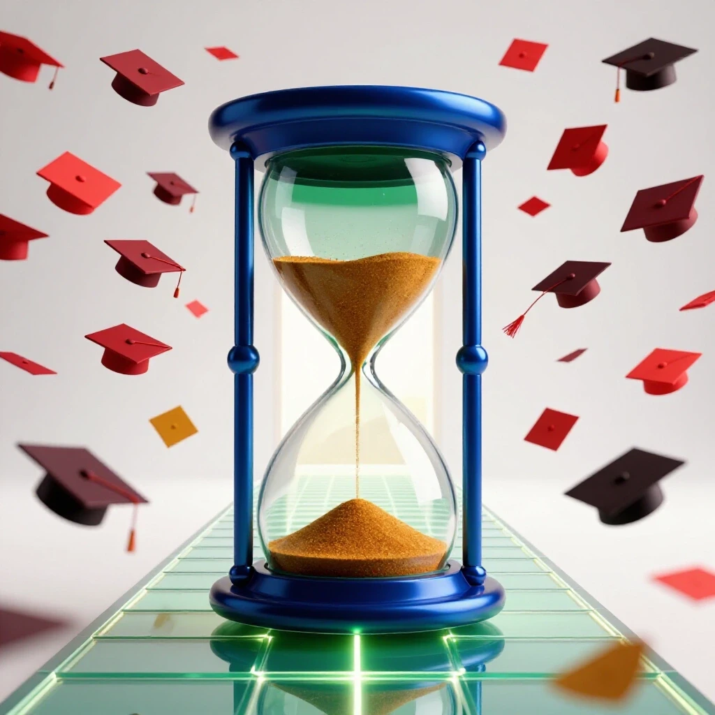 A vibrant hourglass with falling sand turning into graduation caps, set on a glowing pathway leading toward an open, brightly lit doorway.