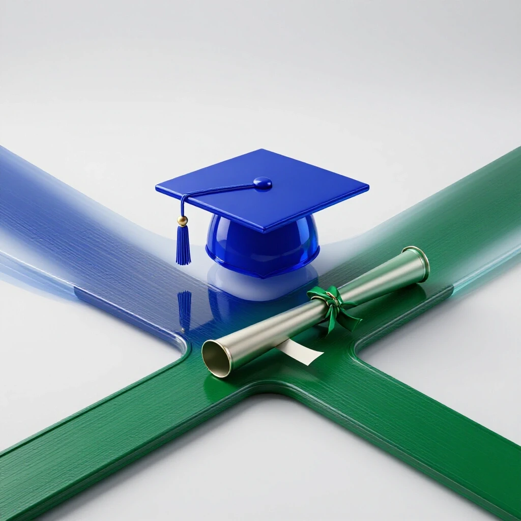 A crossroads with glossy paths leading to a graduation cap and a diploma on bright white background, symbolizing choices in education.