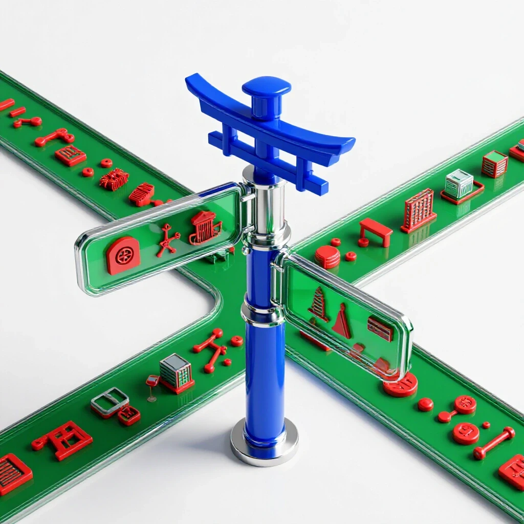 Vivid crossroads signpost with Japanese cultural icons on one path and modern global workplace symbols on the other
