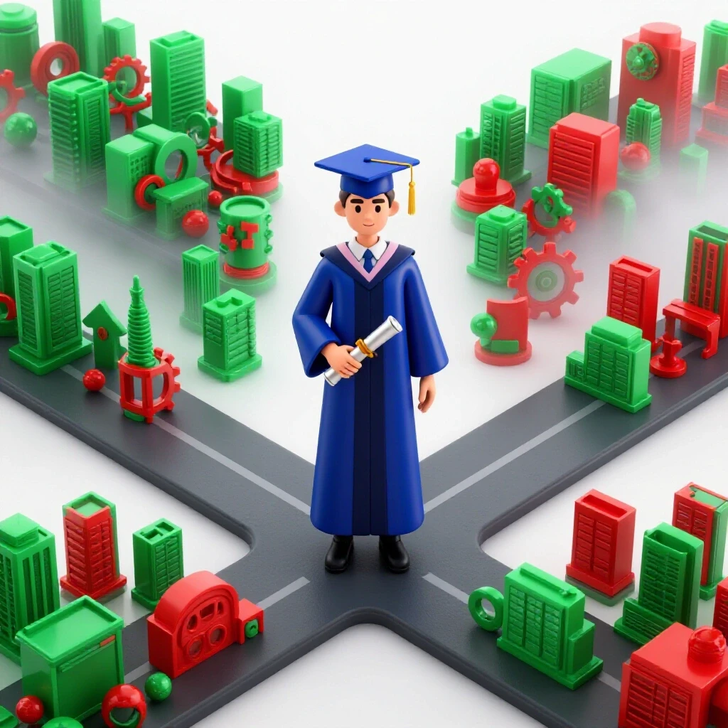Glossy graduate at crossroads holding diploma with one path to vibrant workplaces and another fading into uncertainty