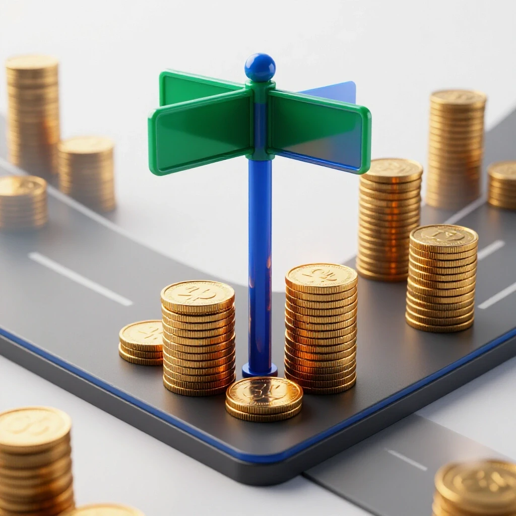 A crossroads signpost with stacks of gold coins on one path and another fading into uncertainty, all on a bright white studio background.