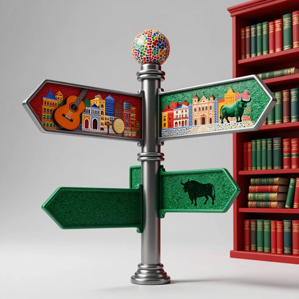 Sculpted crossroads signpost splitting toward a vivid Spanish cityscape and a library of classic Spanish literature.