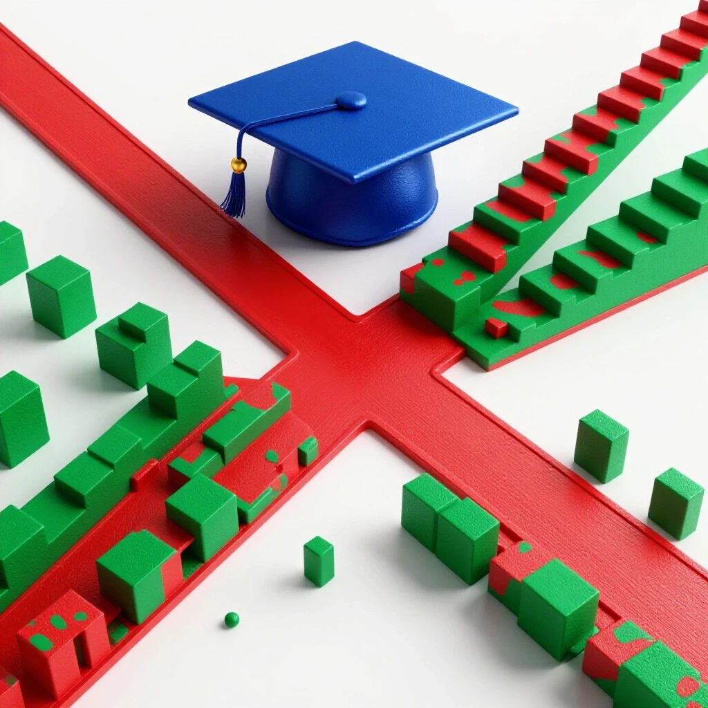 Bright scene showing two diverging pathways, one leading to a graduation cap and the other to a colorful block staircase.